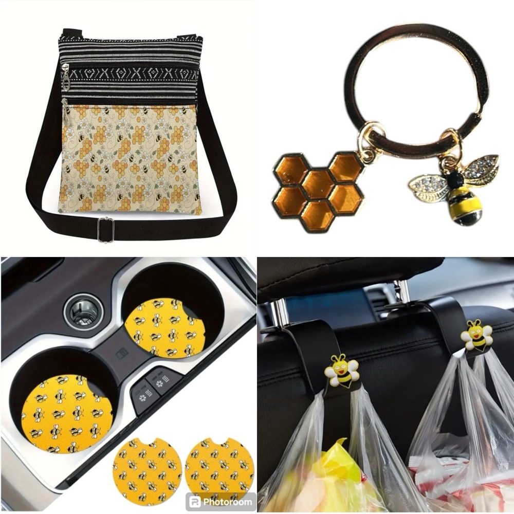 Charming Bee & Honeycomb Pattern Crossbody Bag & a cute Bee & Honeycomb Key ring